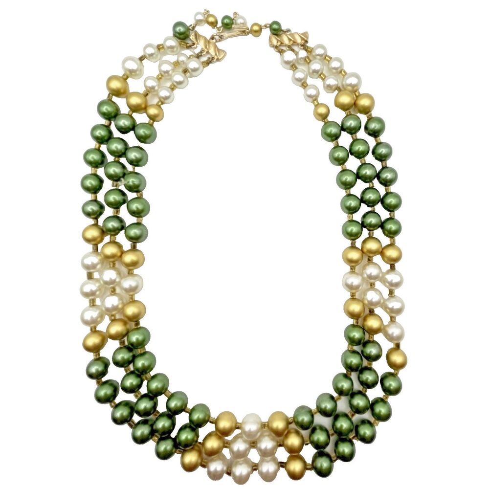 Japan Pearl Necklace Vintage Gold Tone Green White Faux Pearls 3 Strings